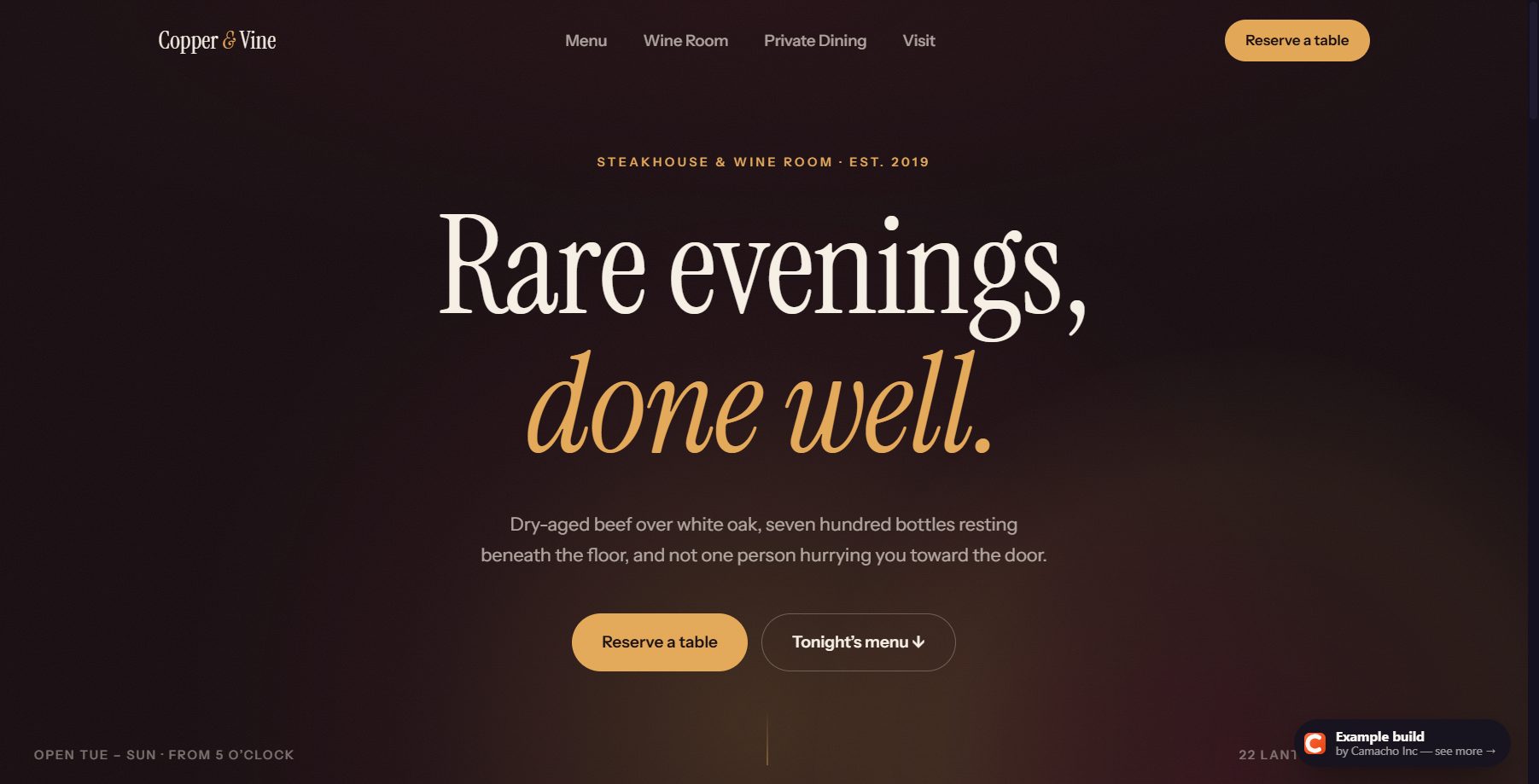 Copper & Vine — example website build by Camacho Inc