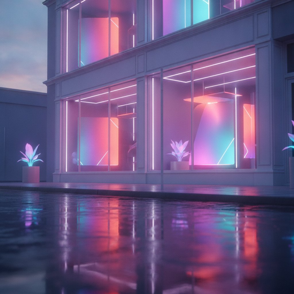 A modern storefront washed in vibrant holographic gradient light