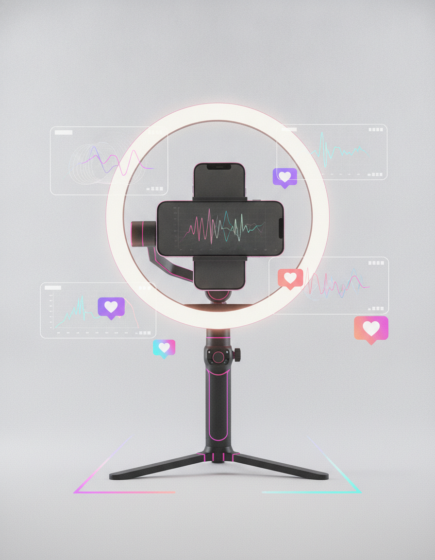 A smartphone on a gimbal inside a glowing ring light, surrounded by floating holographic reaction icons